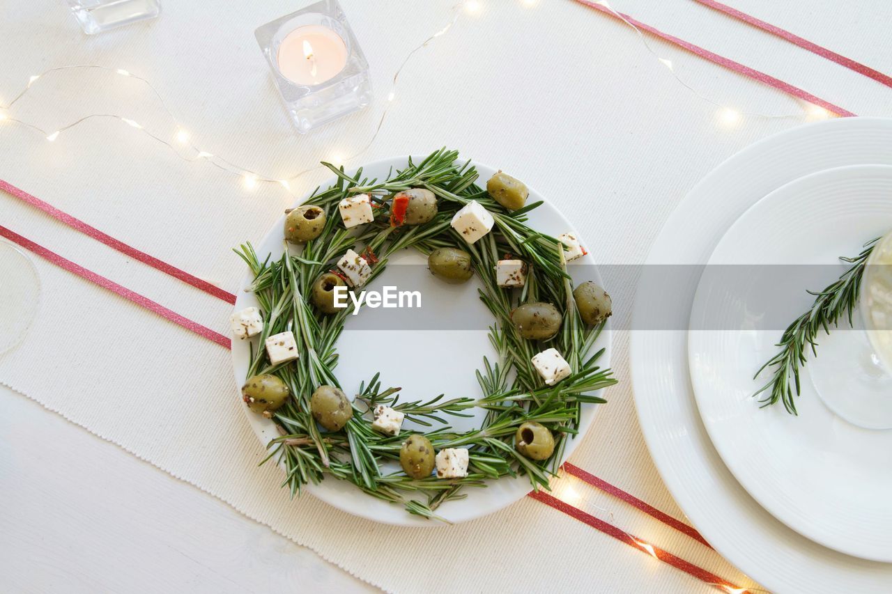 Directly above shot of food served in plate on table during christmas