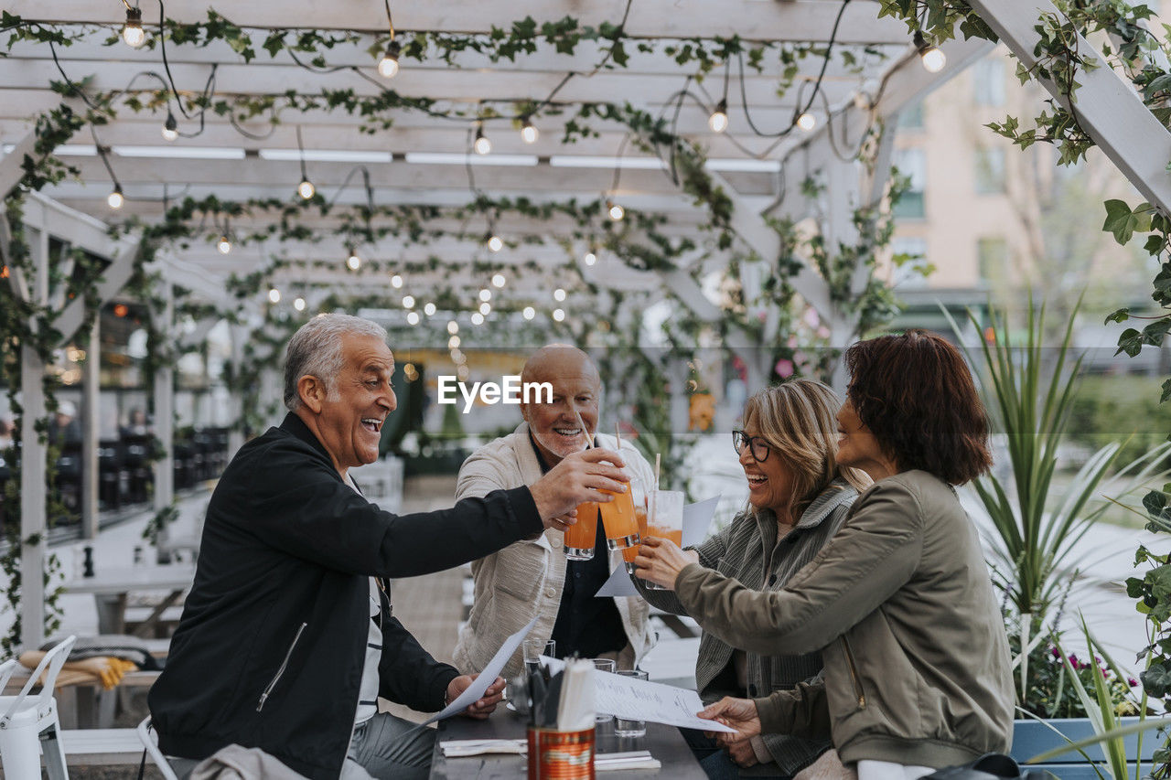 Cheerful male and female senior friends toasting drinks at restaurant