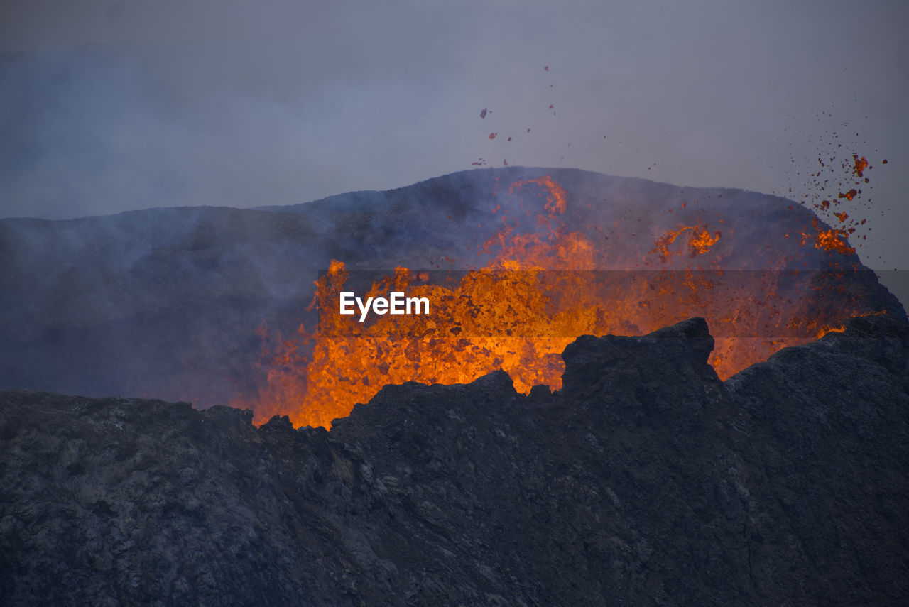 Close-up of lava emitting from volcanic mountain