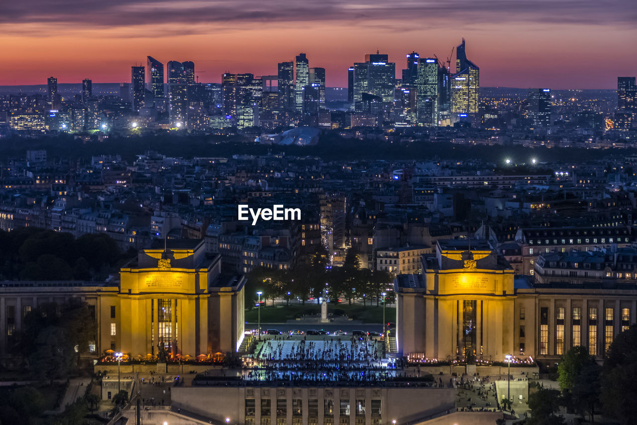 Aerial view of la defense and trocadero  in paris at sunset