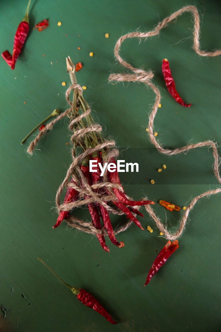 High angle view of red chili peppers tied with string on table