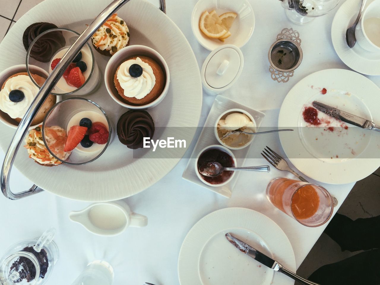 High angle view of breakfast served on table