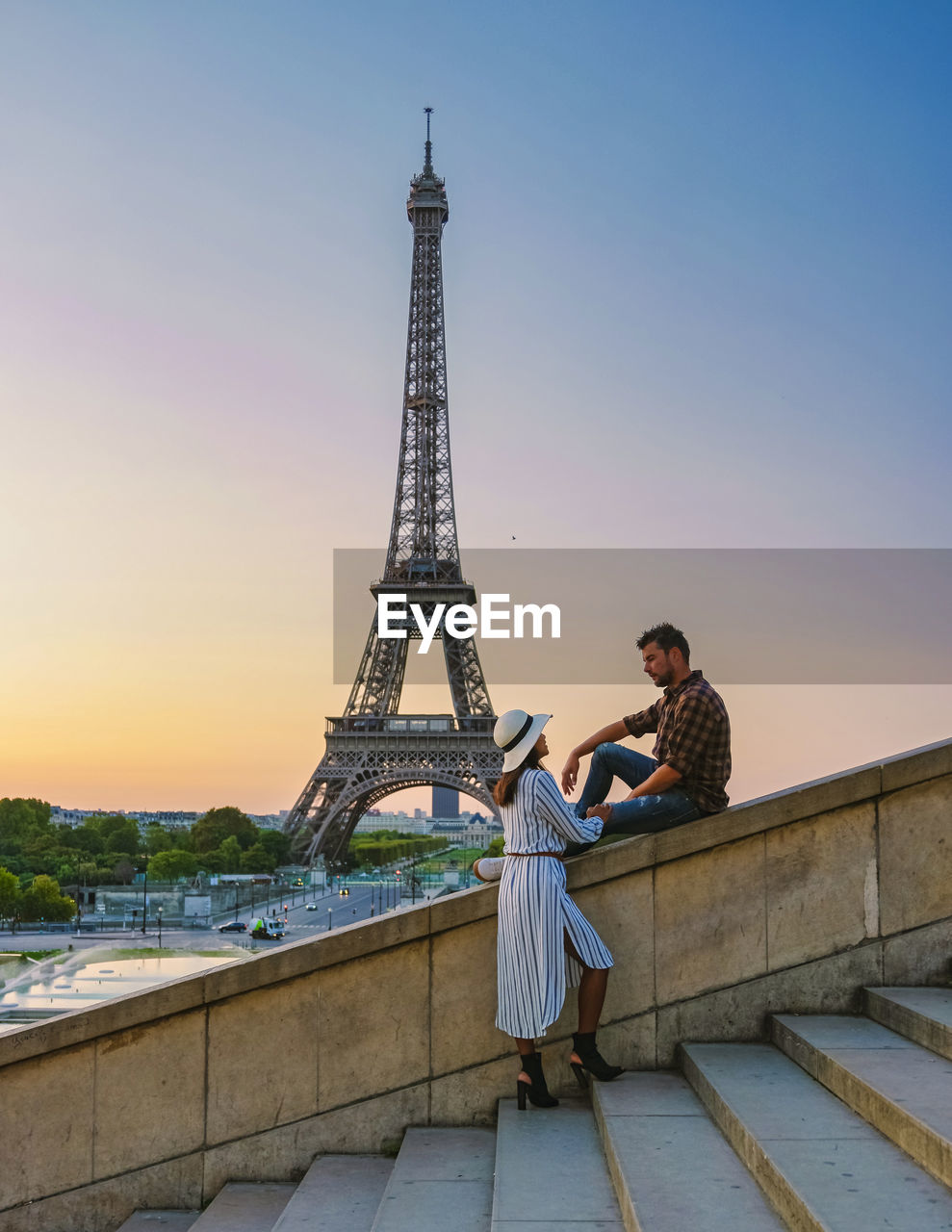 Eiffel tower at sunrise in paris france, paris eifel tower on a summer day