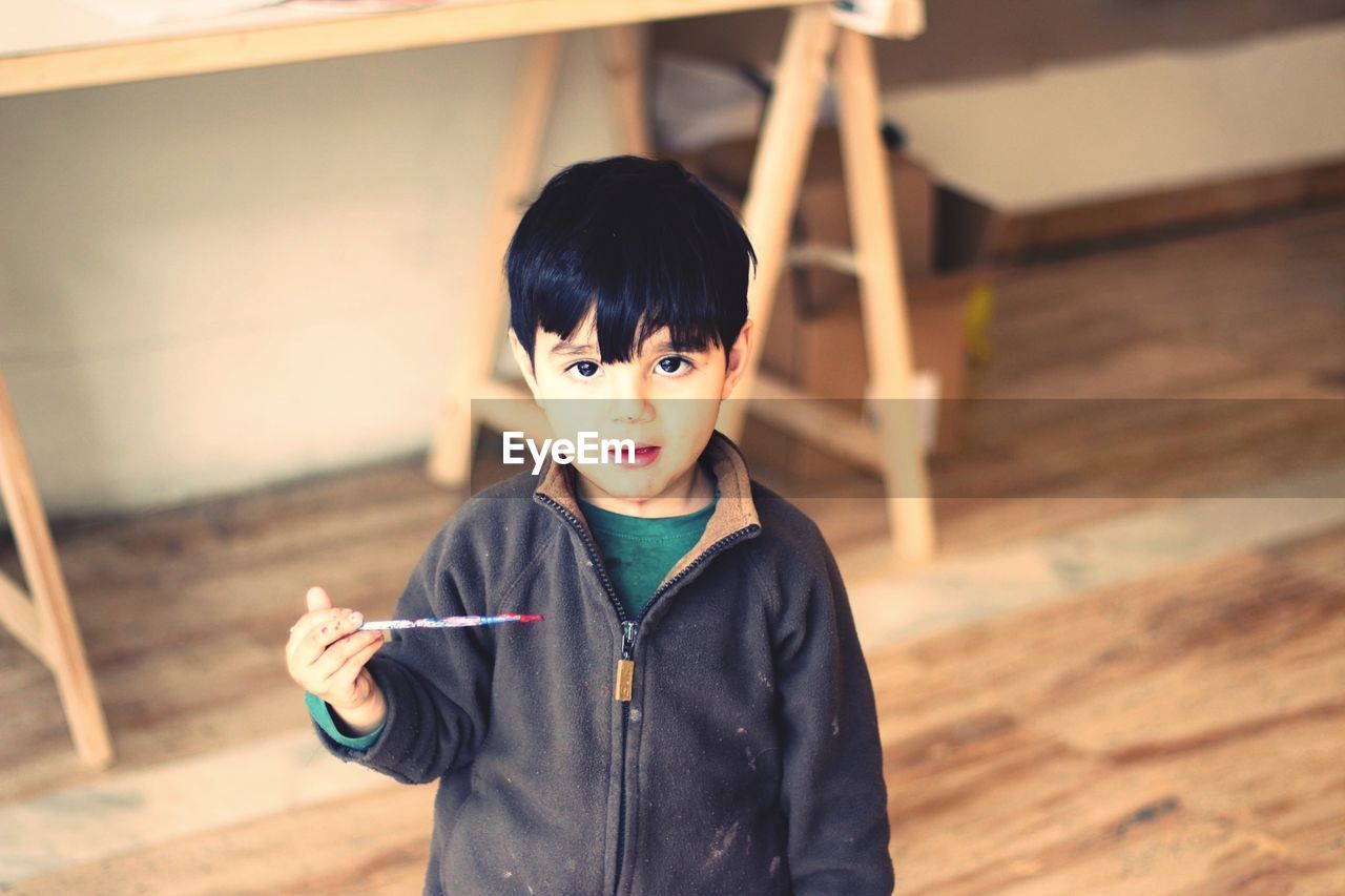 Portrait of boy holding paintbrush on hardwood floor