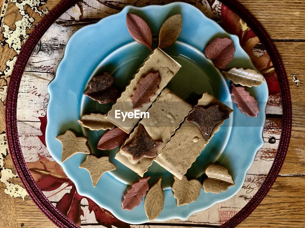 Directly above shot of homemade soaps in plate on table