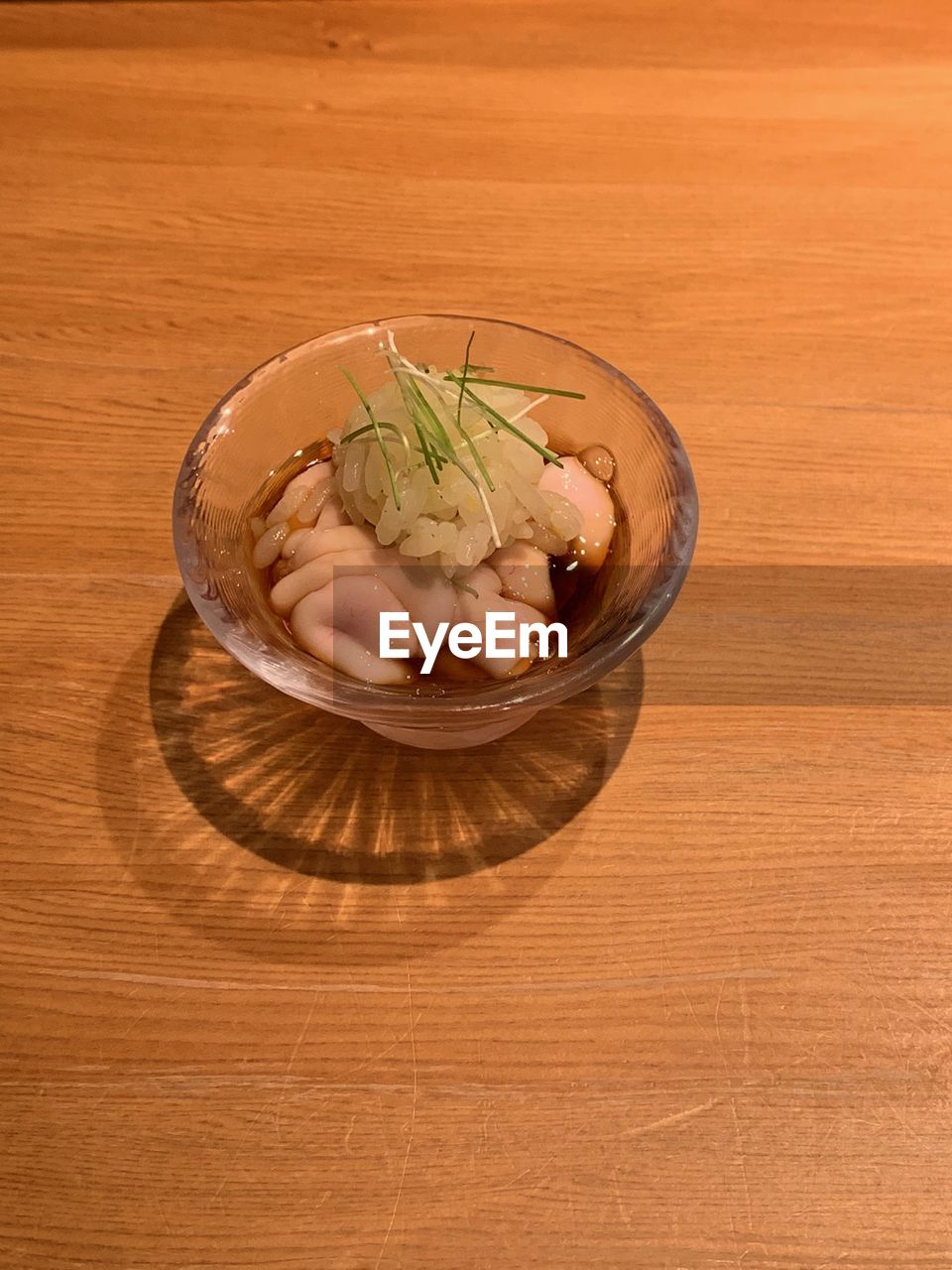 High angle view of shirako in bowl on table
