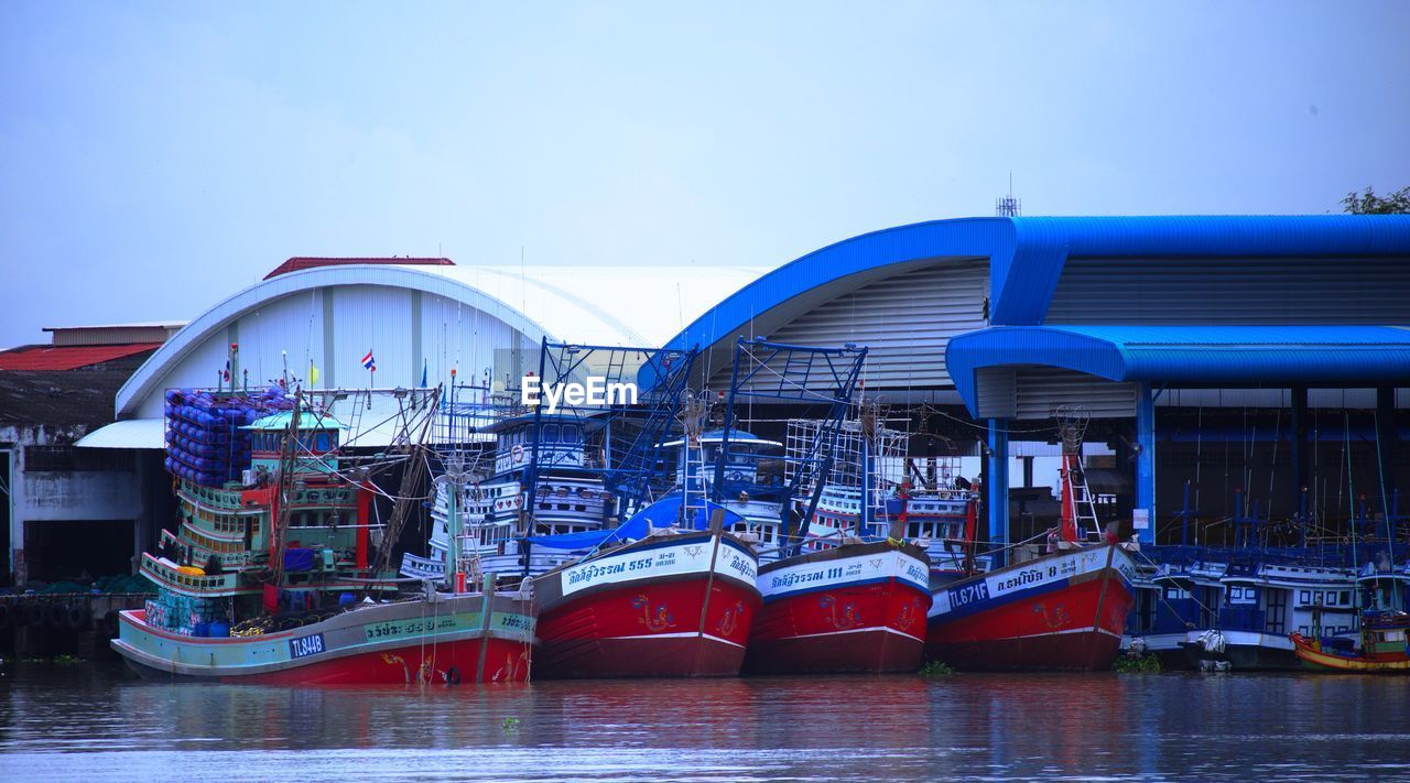 VIEW OF BOATS IN RIVER AGAINST BLUE SKY