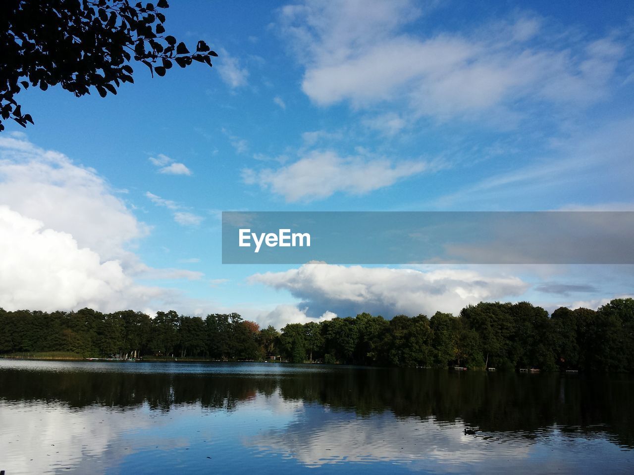 REFLECTION OF TREES IN CALM LAKE AGAINST SKY