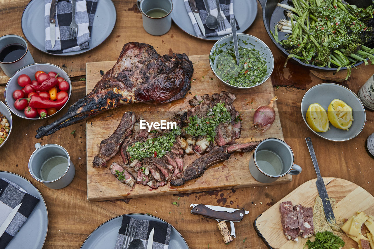 Summer barbecue spread with steak, venison and chimichurri