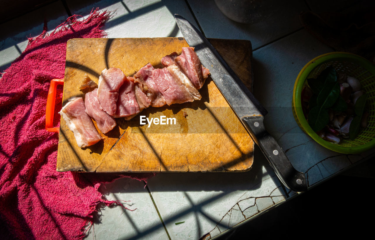 Pork ingredients placed on a cutting board