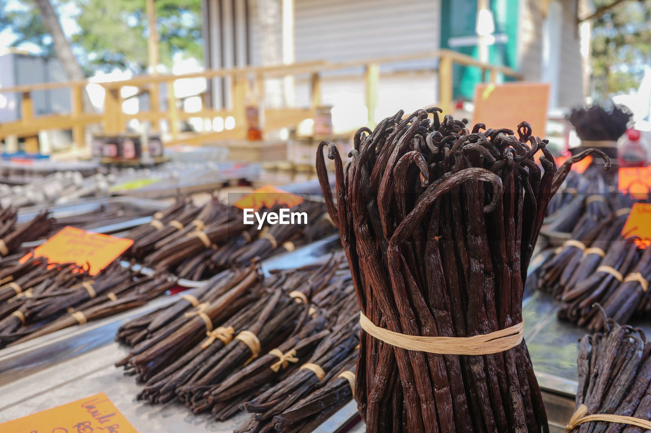 close-up of wicker baskets for sale at market