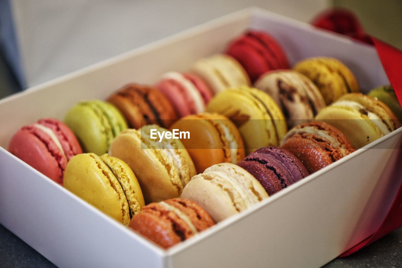 Close-up of multi colored macaroons in box