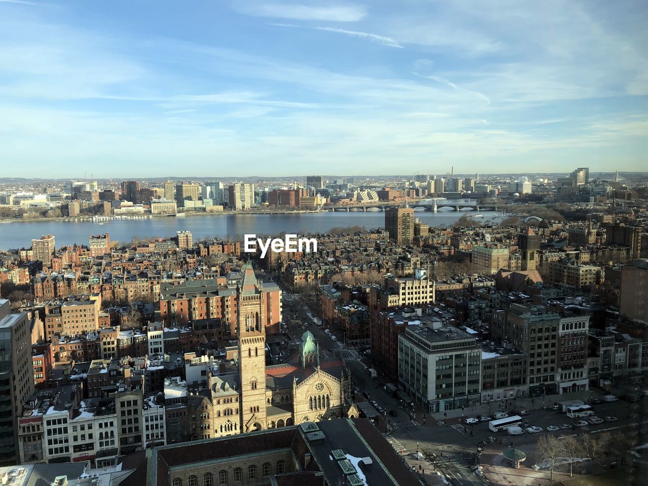 High angle view of city buildings against sky