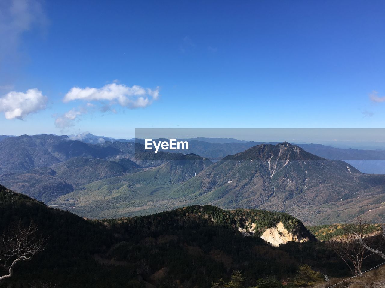 Scenic view of mountains against blue sky