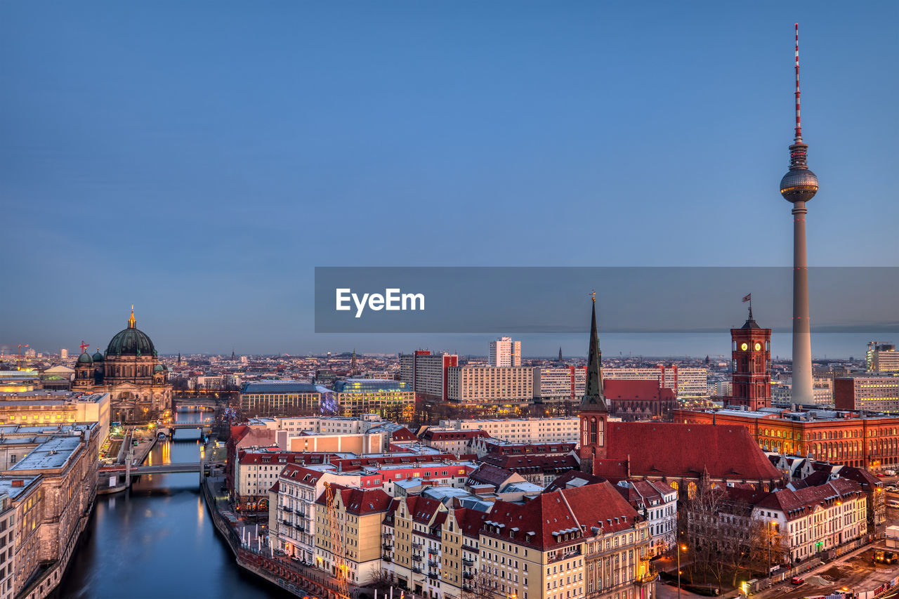 The heart of berlin with the famous television tower at dawn