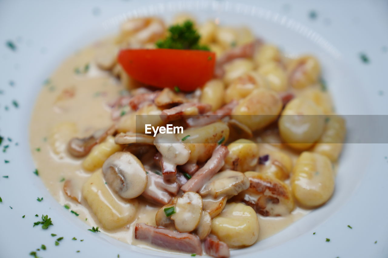 CLOSE-UP OF PASTA WITH MEAT AND SALAD IN PLATE