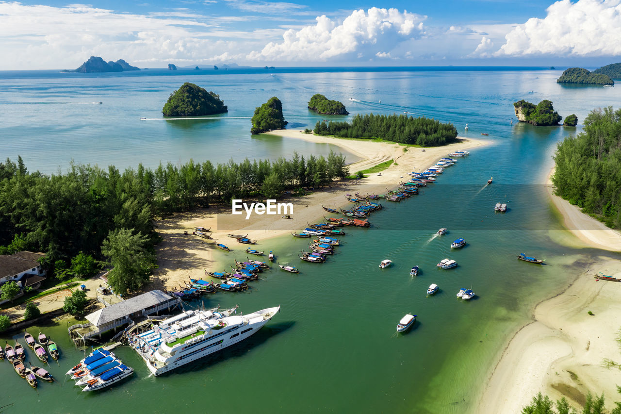High angle view of speed boat passenger on the beach and sailing on the sea pang nga thailand 