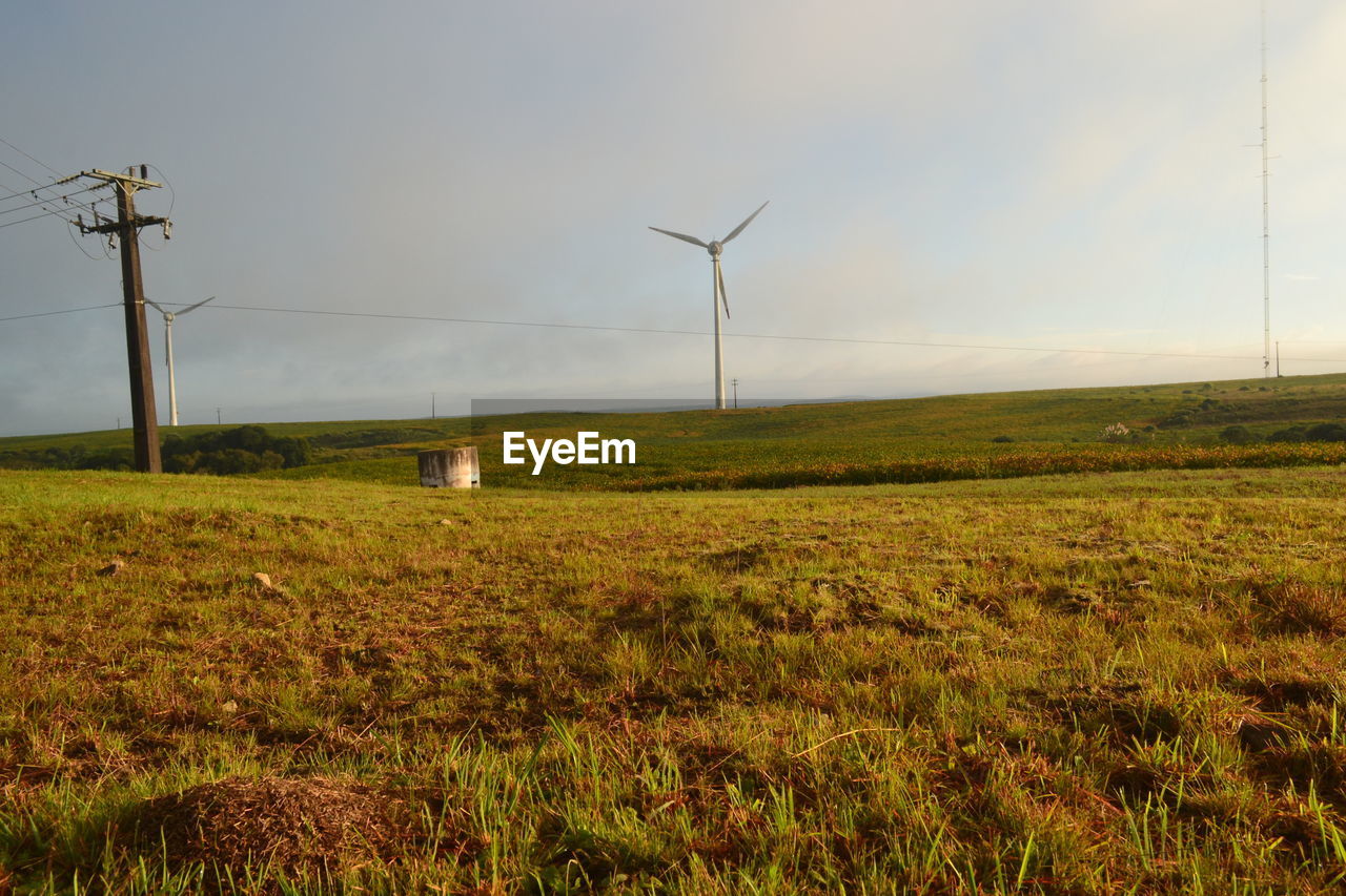 WINDMILLS ON FIELD AGAINST SKY