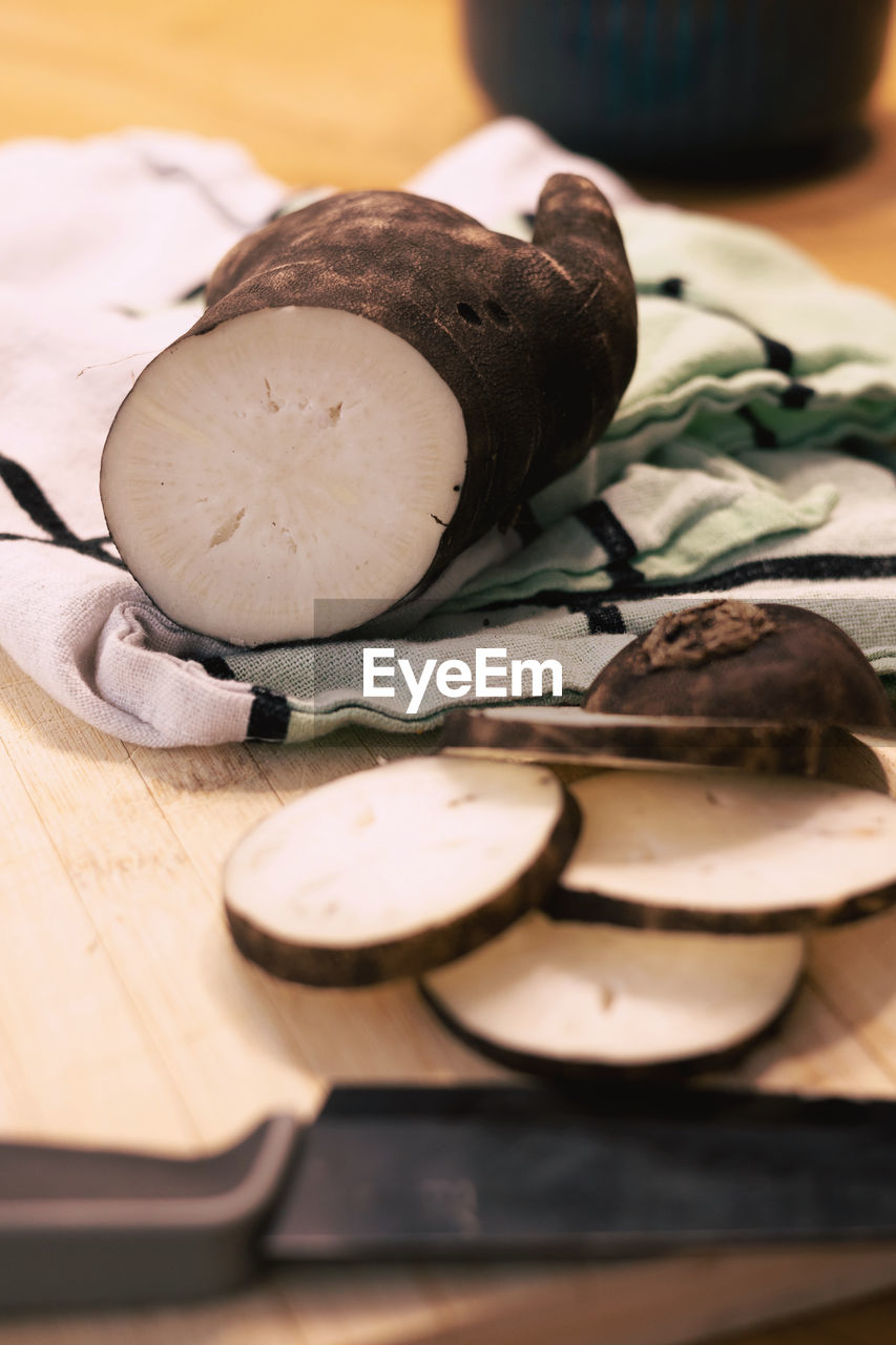 Close-up of radish on table