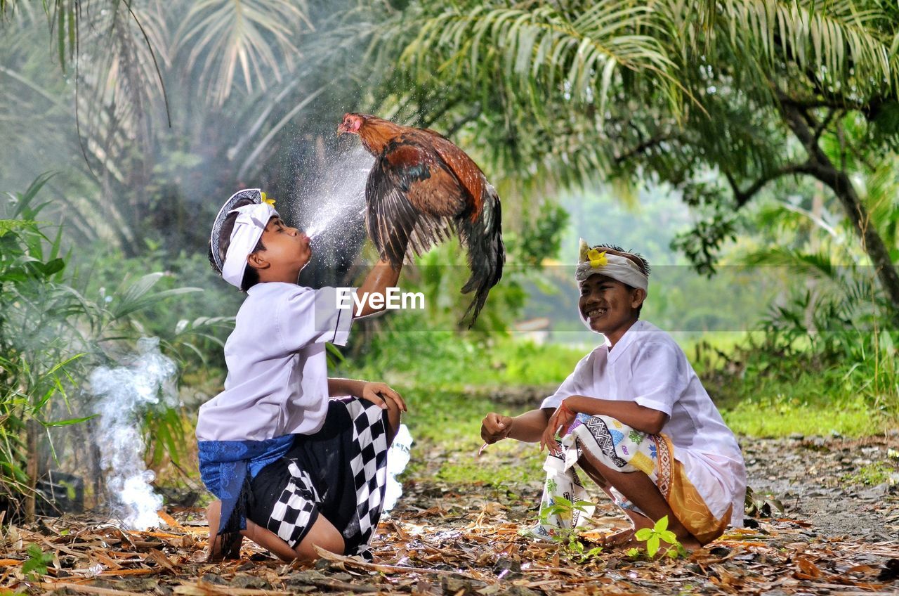 Friends playing with chicken in farm