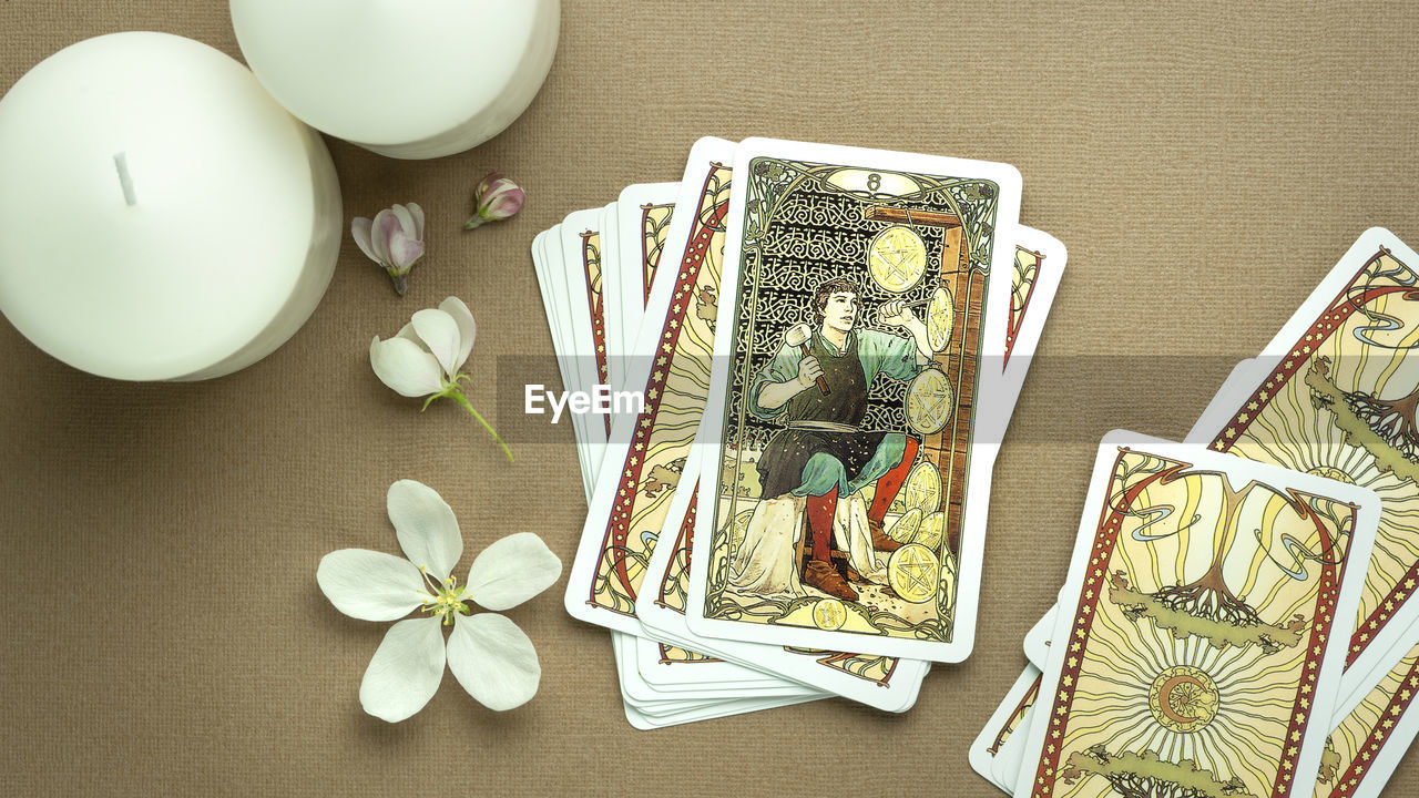 Esoteric concept and astrology, fortune telling tarot predictions background, eight of pentacles