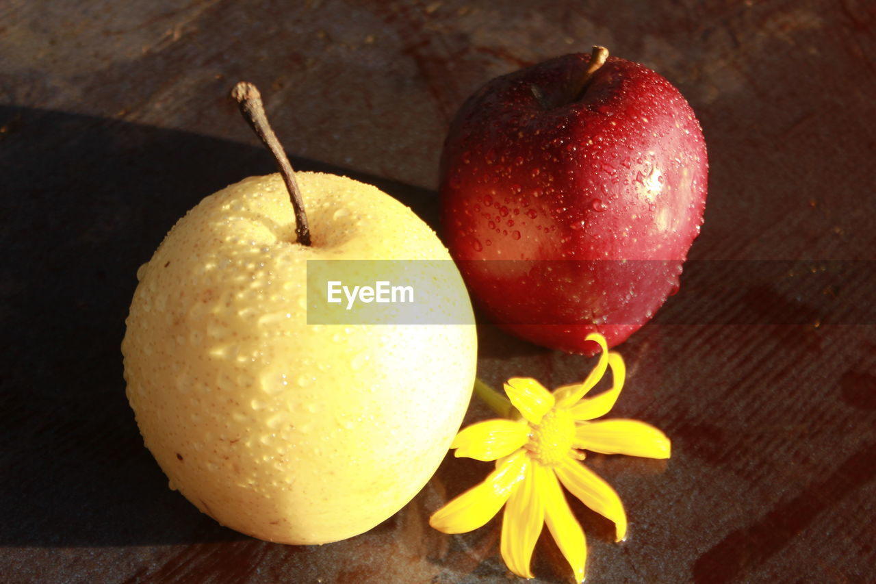 High angle view of apple on table