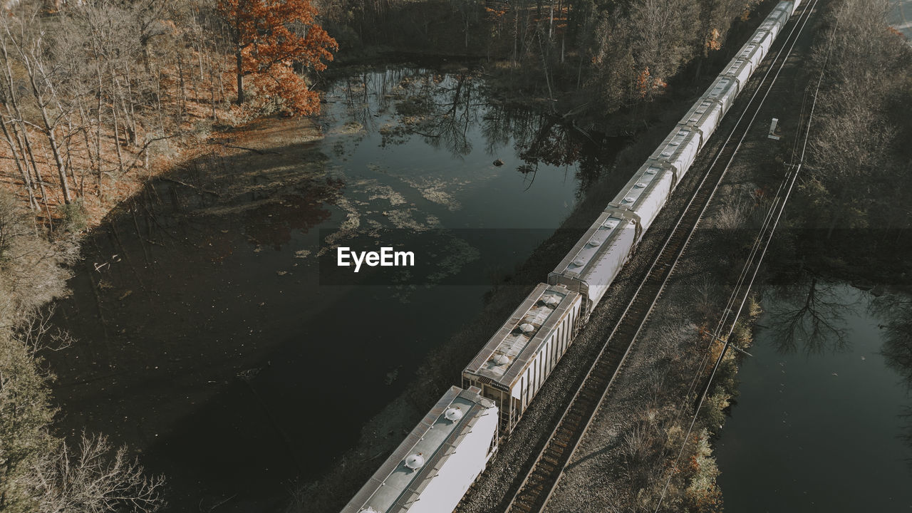 High angle view of bridge and train over river