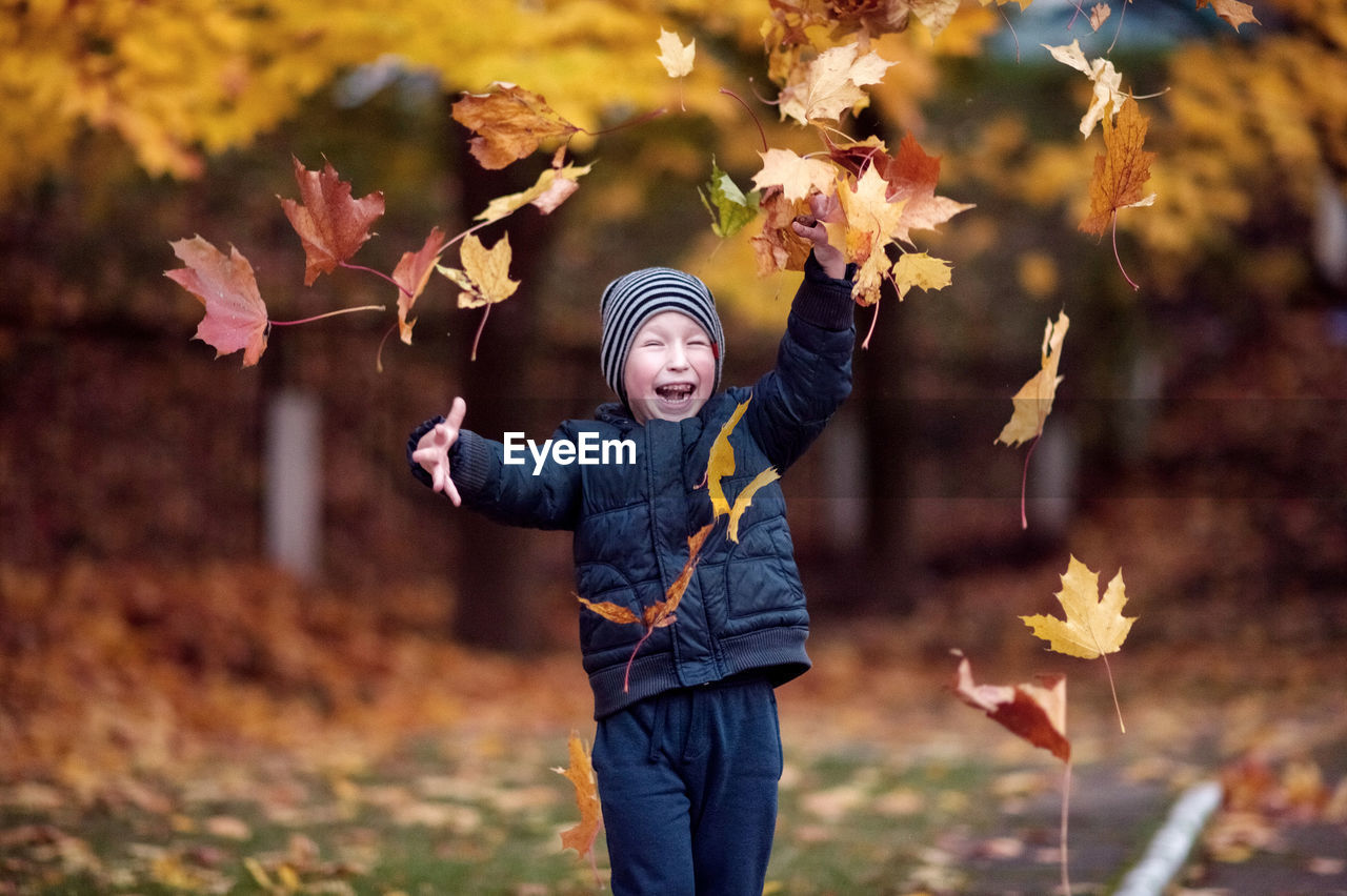 Baby walking, laughing, throwing leaves, autumn, yellow leaves, fly, fall, blue jacket, cute boy