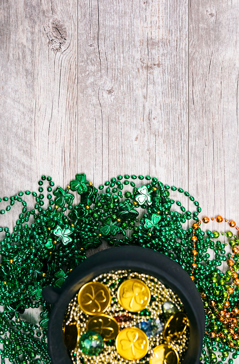 Directly above shot of decoration on wooden table