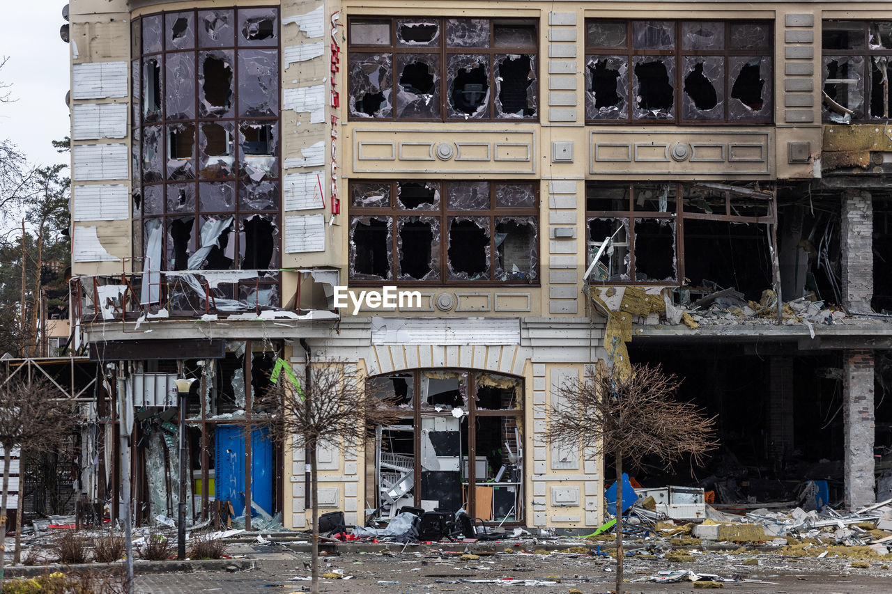 Destroyed buildings on the streets of irpen.