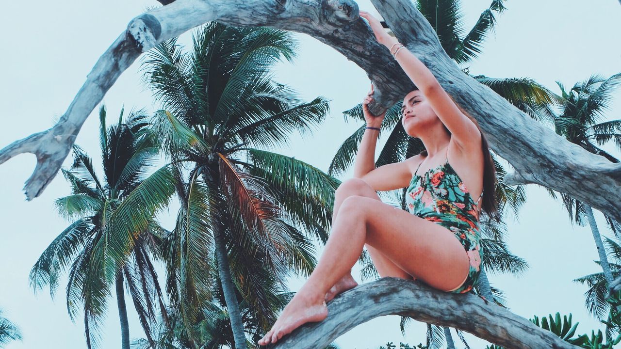 LOW ANGLE VIEW OF WOMAN PALM TREE AGAINST SKY