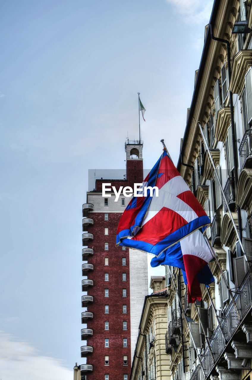 Exterior of building with flags