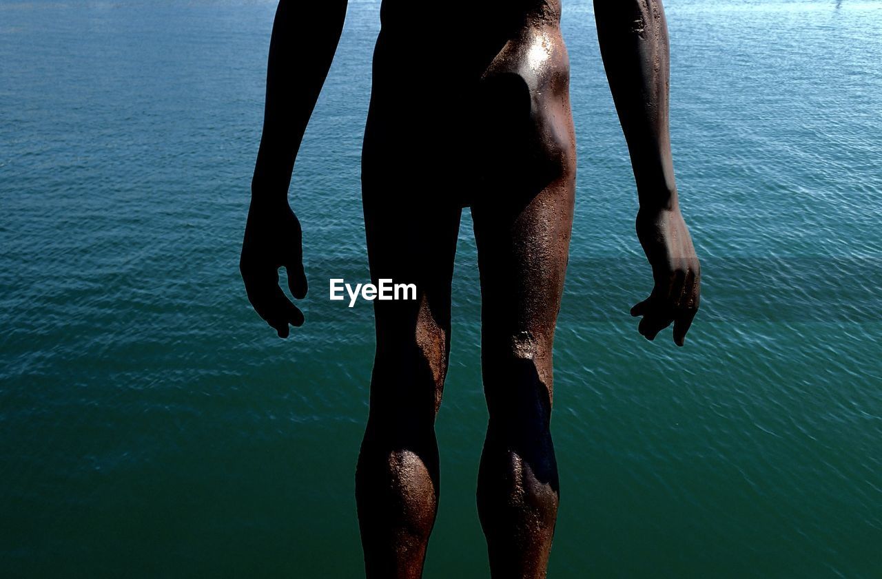 Midsection of naked man standing by sea