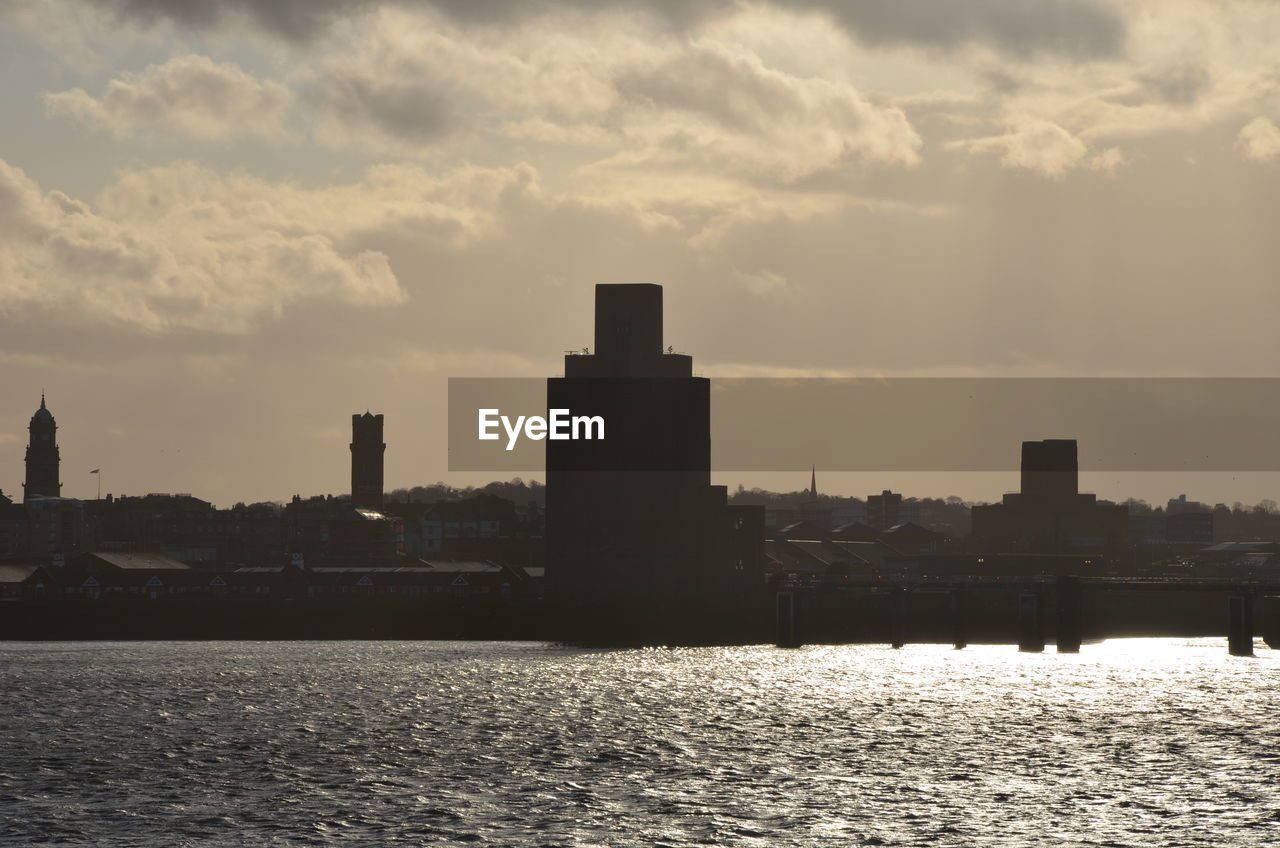 RIVER BY SILHOUETTE BUILDINGS AGAINST SKY