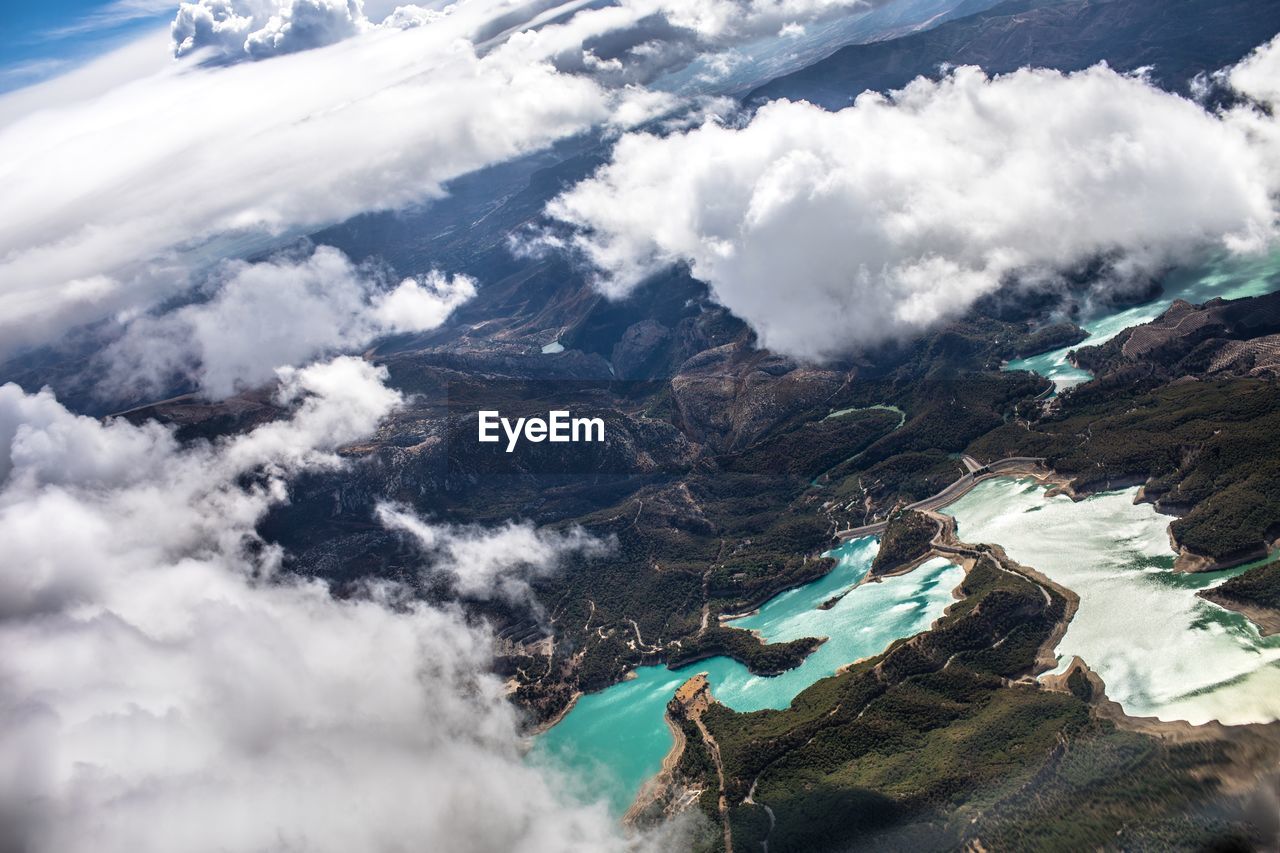 Aerial view of lake and mountains