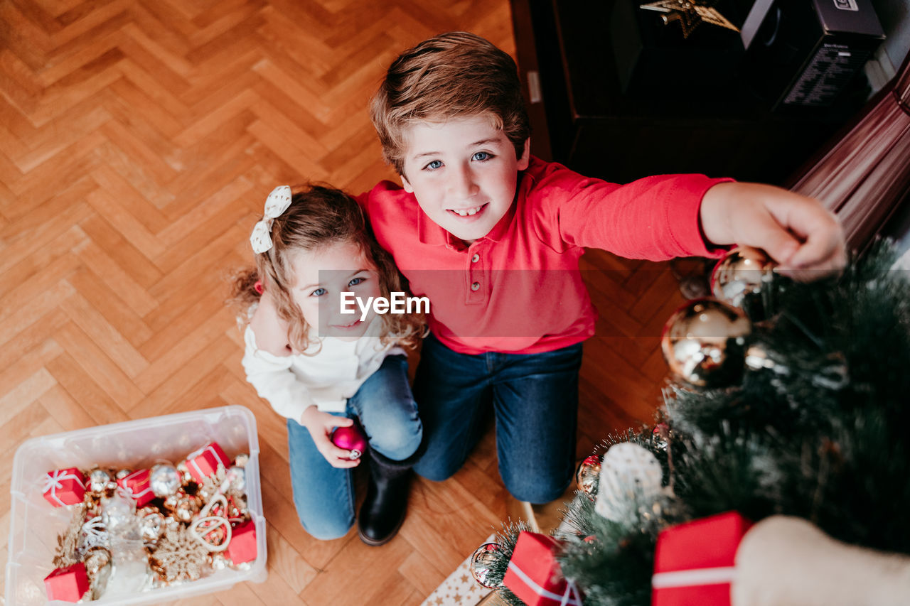 Portrait of cute smiling siblings decorating christmas tree