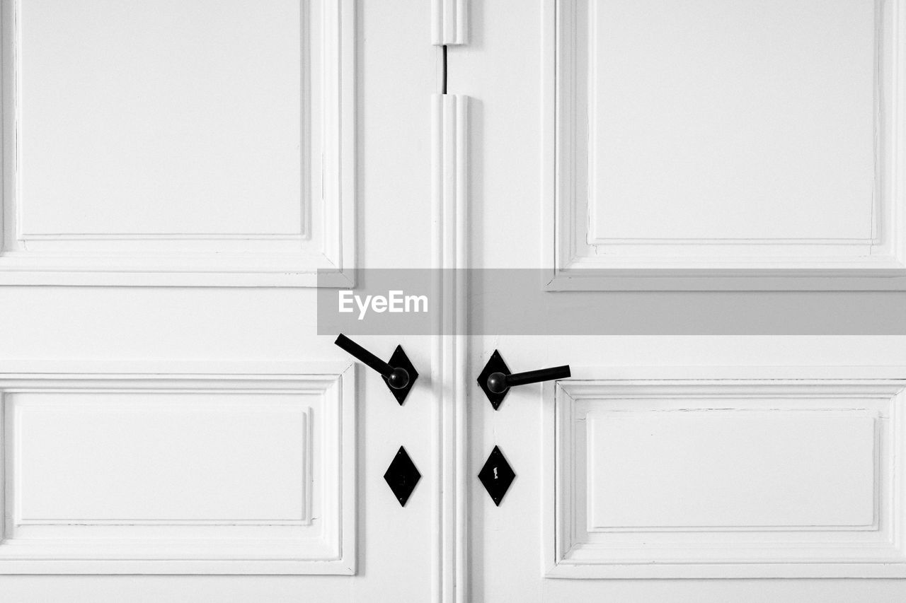 Full frame shot of closed white door with black handle