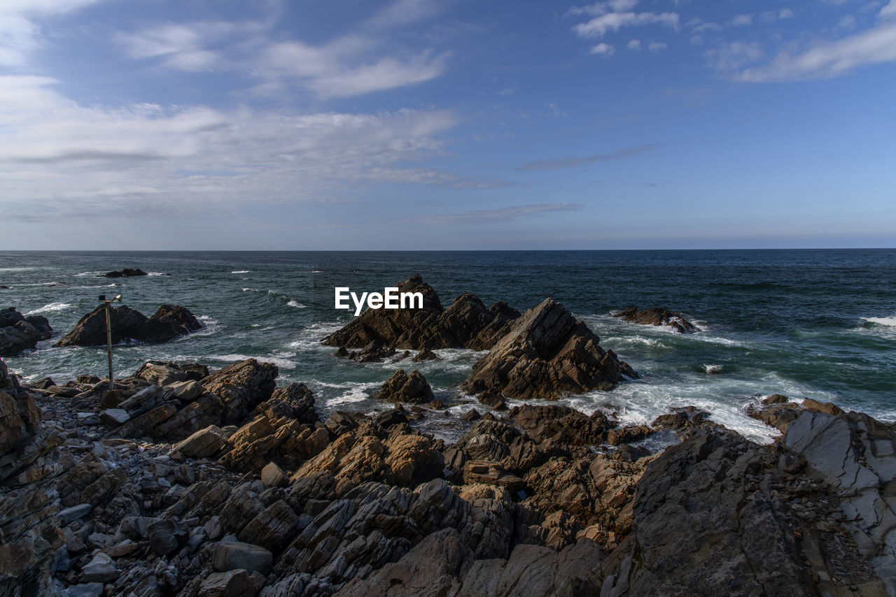SCENIC VIEW OF ROCKS ON SHORE AGAINST SKY