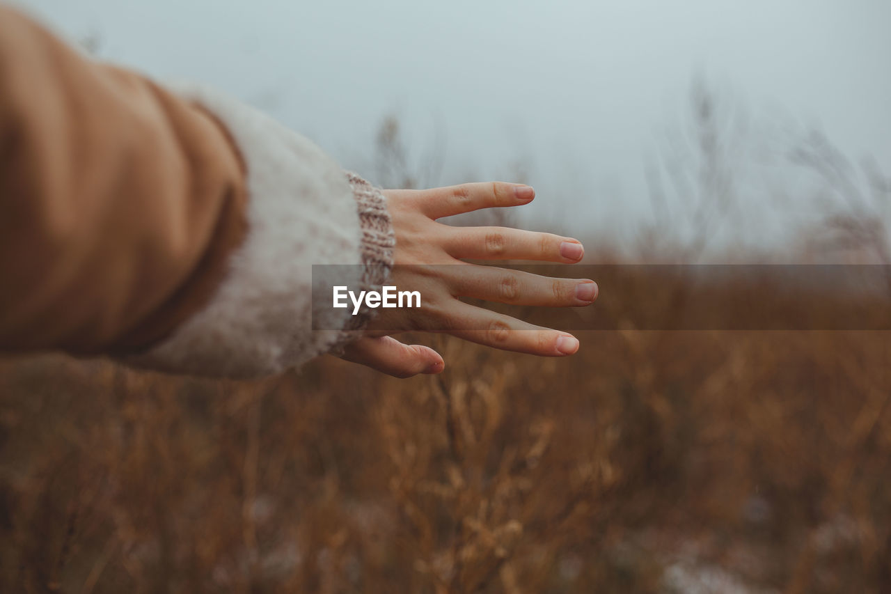 Cropped hand of woman on field