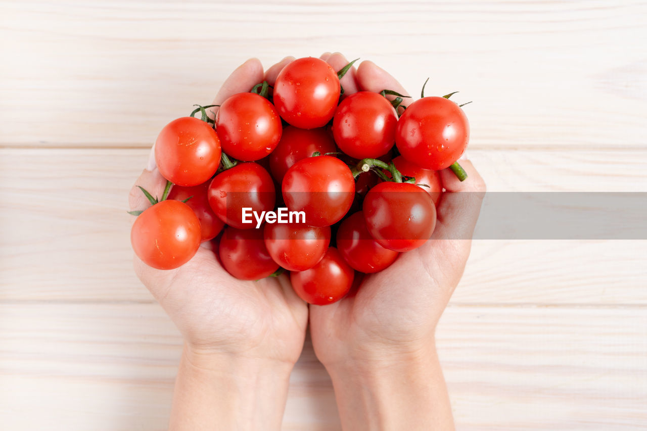 HIGH ANGLE VIEW OF CHERRY TOMATOES IN HAND HOLDING RED
