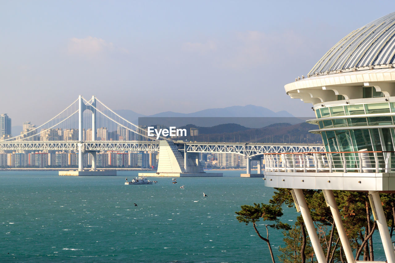 View of suspension bridge over river