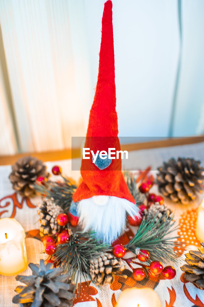 Close-up of christmas decorations on table