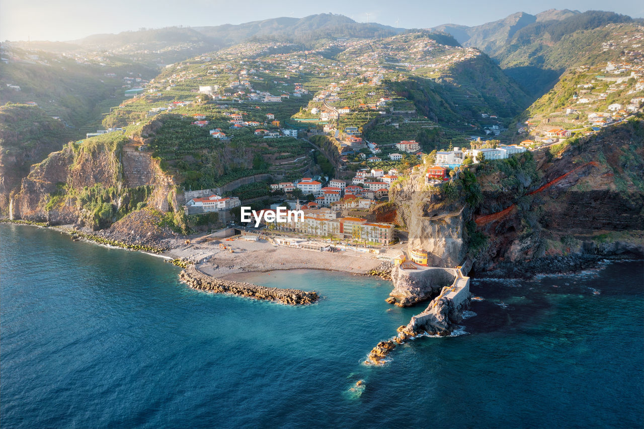 High angle view of sea and mountains