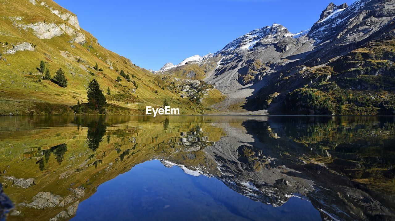 Scenic view of lake and mountains against clear sky
