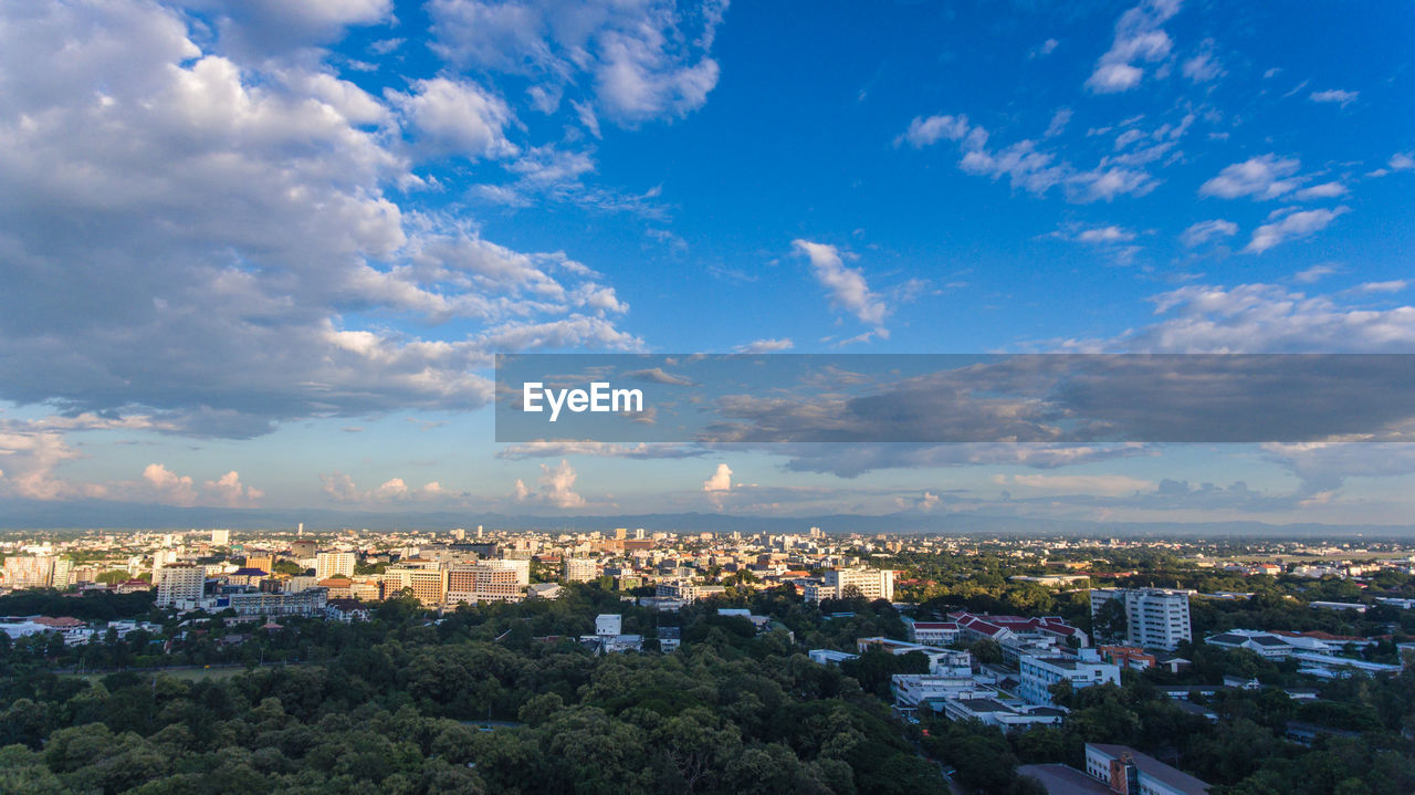 High angle shot of built structures against sky