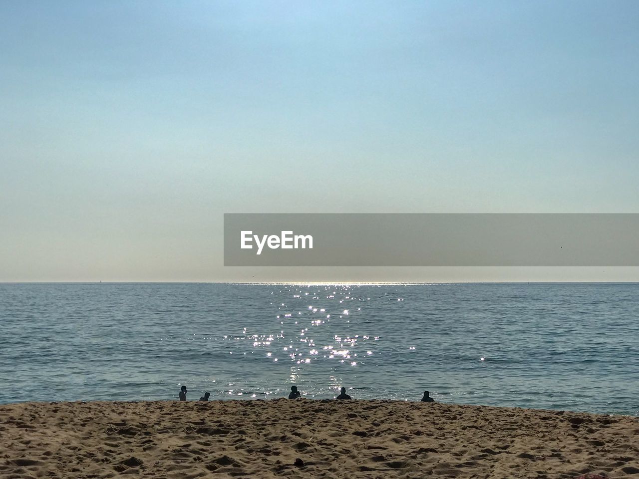 GROUP OF PEOPLE ON BEACH AGAINST CLEAR SKY