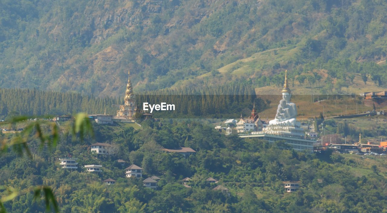 Panoramic view of trees and mountains against sky