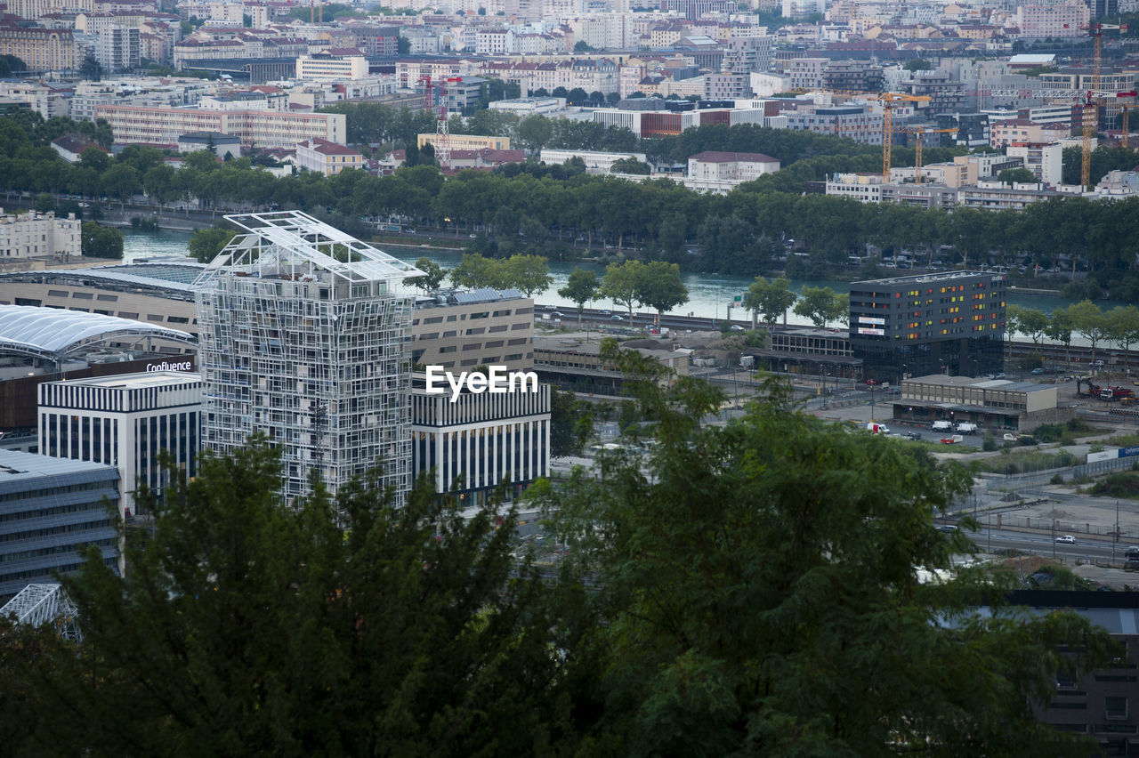 High angle view of buildings in city