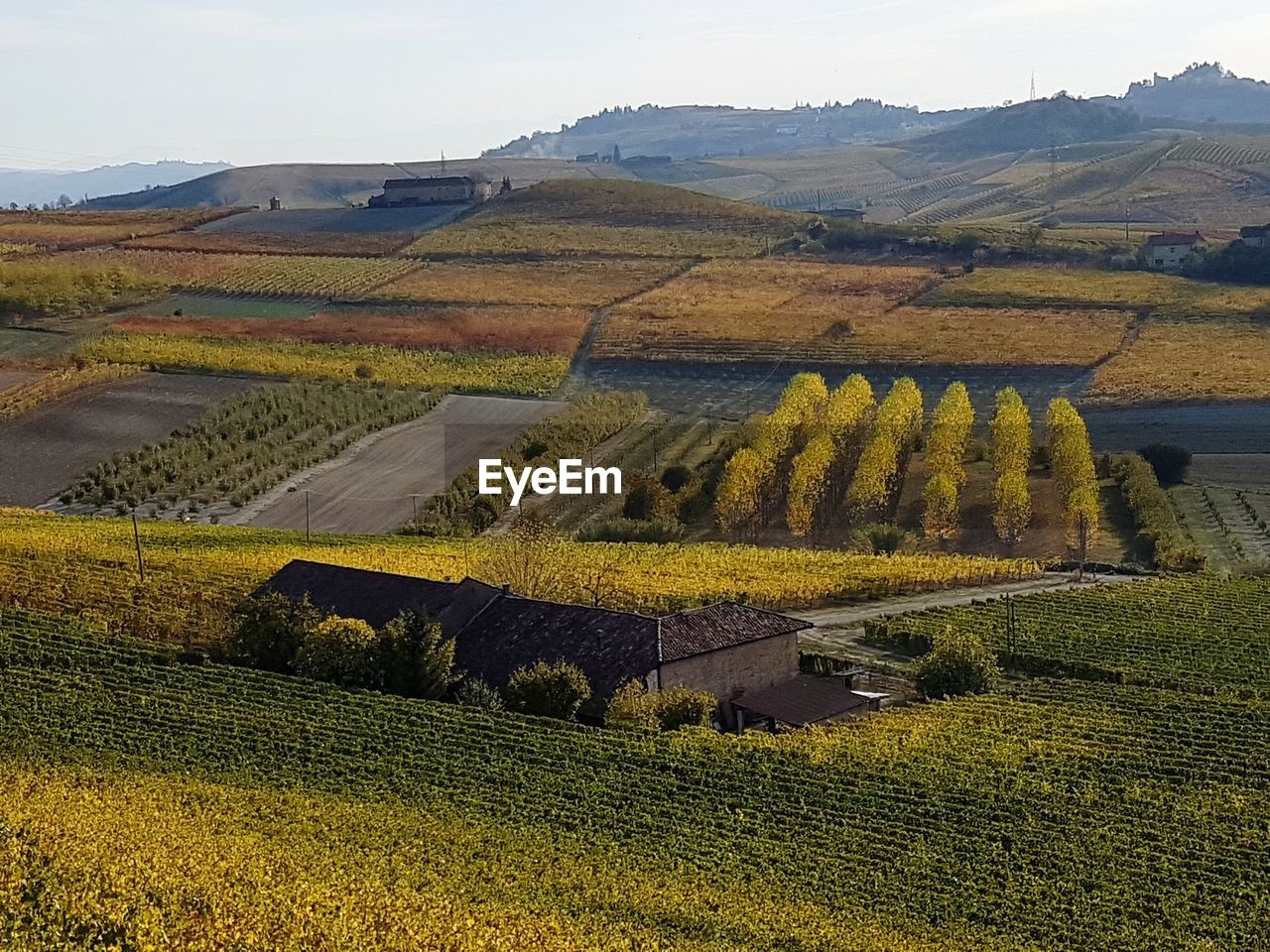 High angle view of field against sky