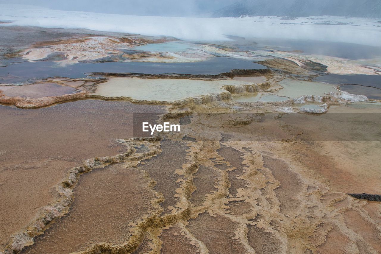 Water pools of hot springs volcanic environment in yellowstone national park